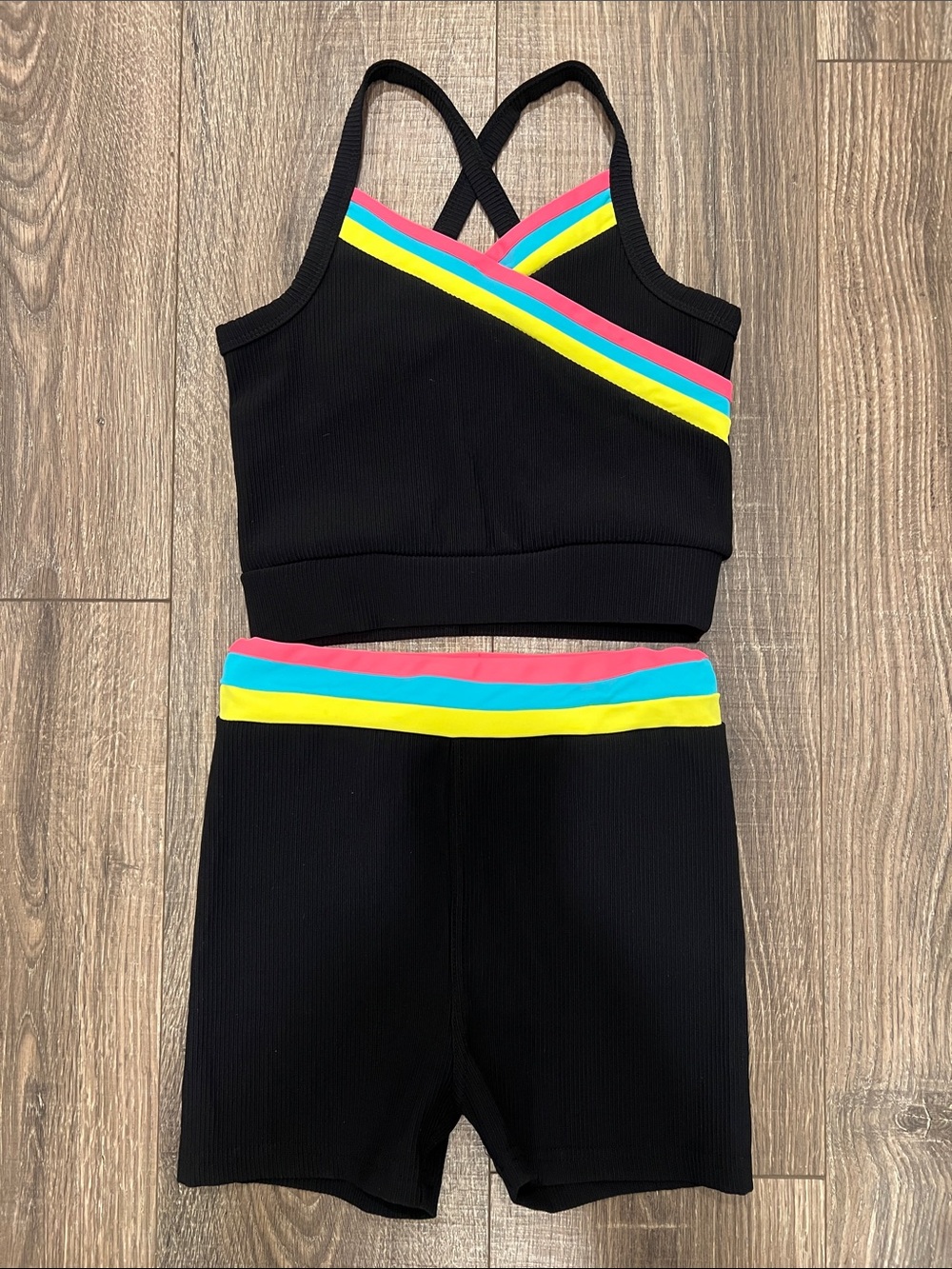 Girls' Little Wedgies Active Crop Top & Shorts Set with Pink, Blue & Yellow Trim